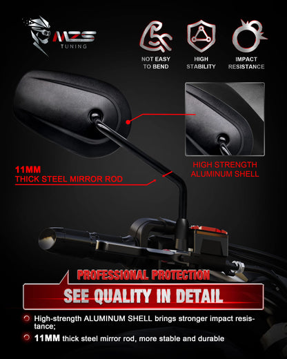 MZS Black Motorcycle Mirrors 10MM - Heavy Duty Aluminum Universal Rear View Side Mirror