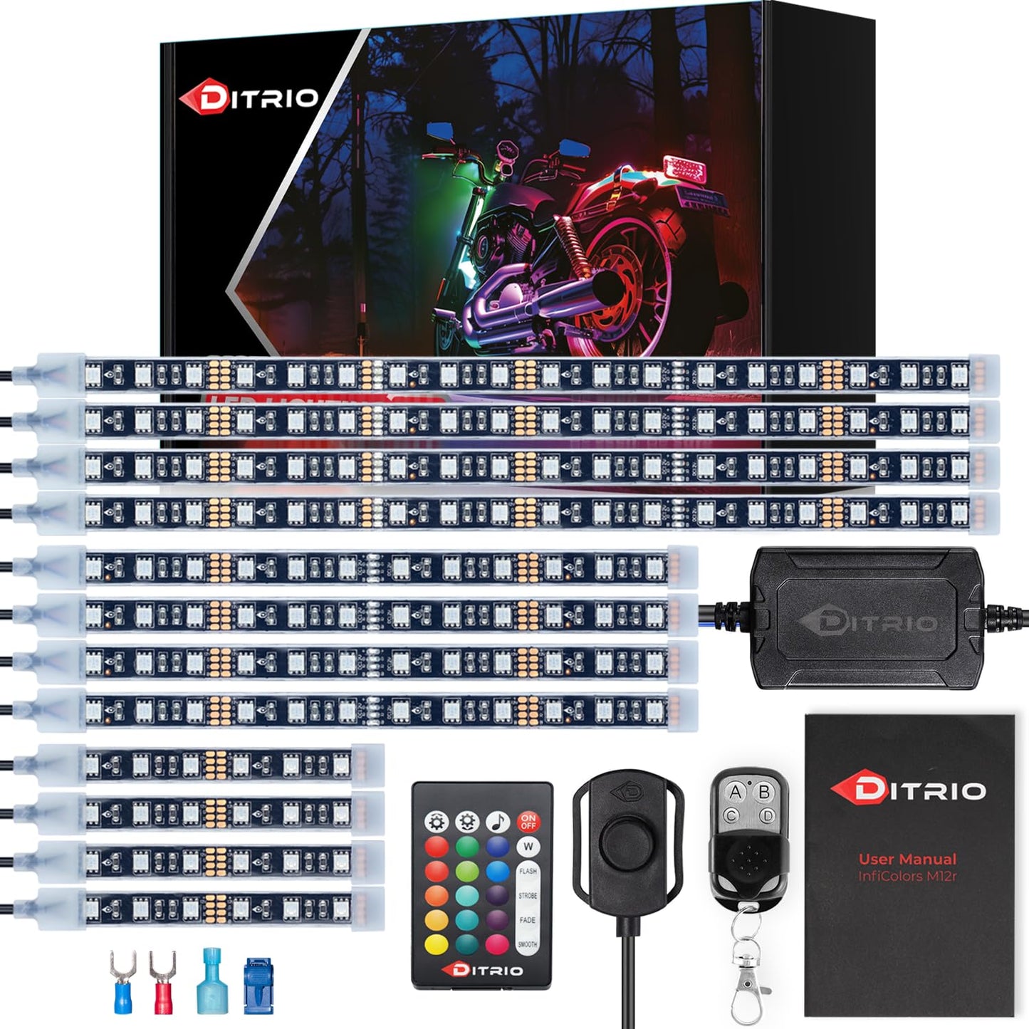DITRIO 12pcs Underglow RGB LED Strip Light Kit for Motorcycles, Golf Carts, and ATVs
