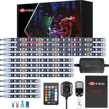 DITRIO 12pcs Underglow RGB LED Strip Light Kit for Motorcycles, Golf Carts, and ATVs