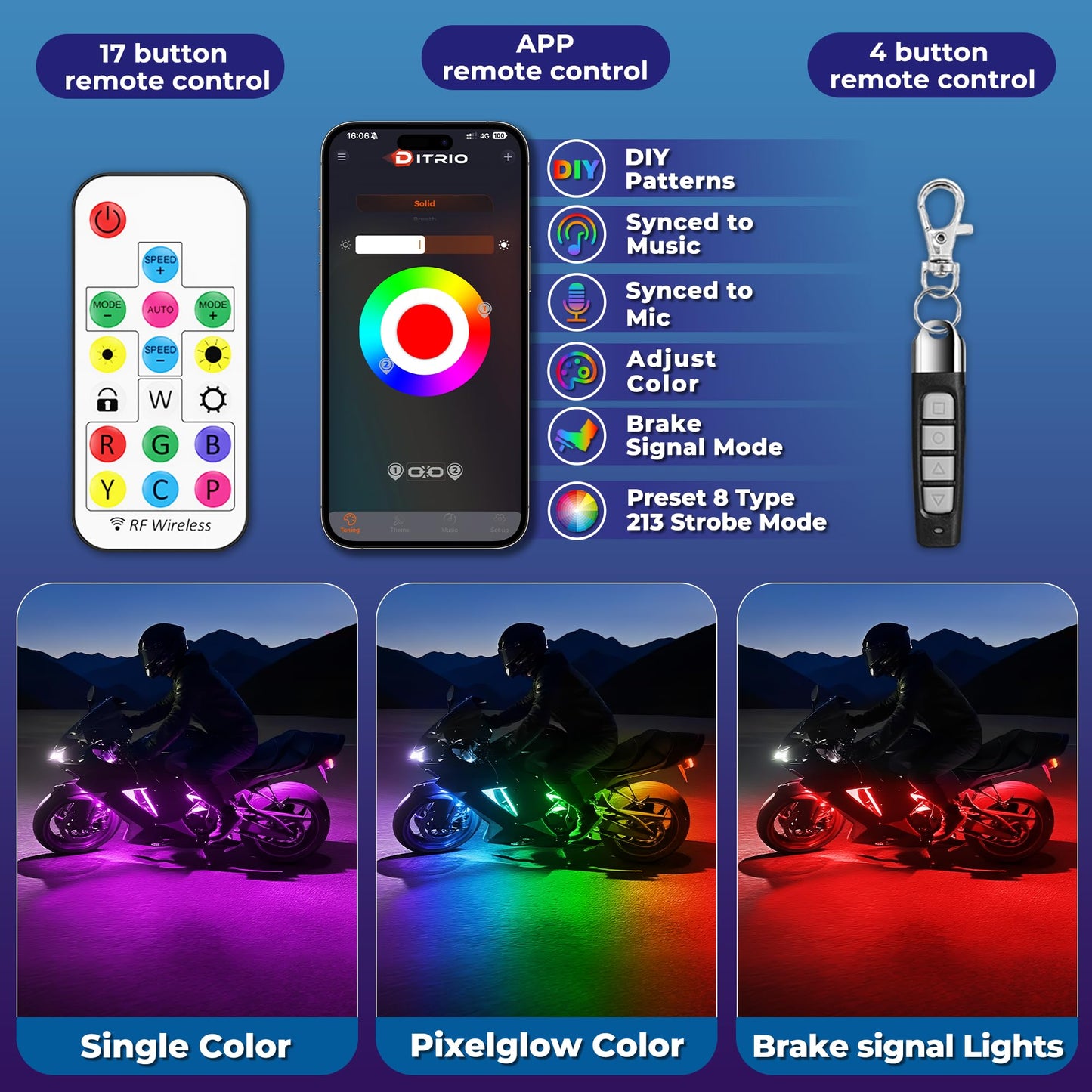 DITRIO 12pcs Underglow RGB LED Strip Light Kit for Motorcycles, Golf Carts, and ATVs