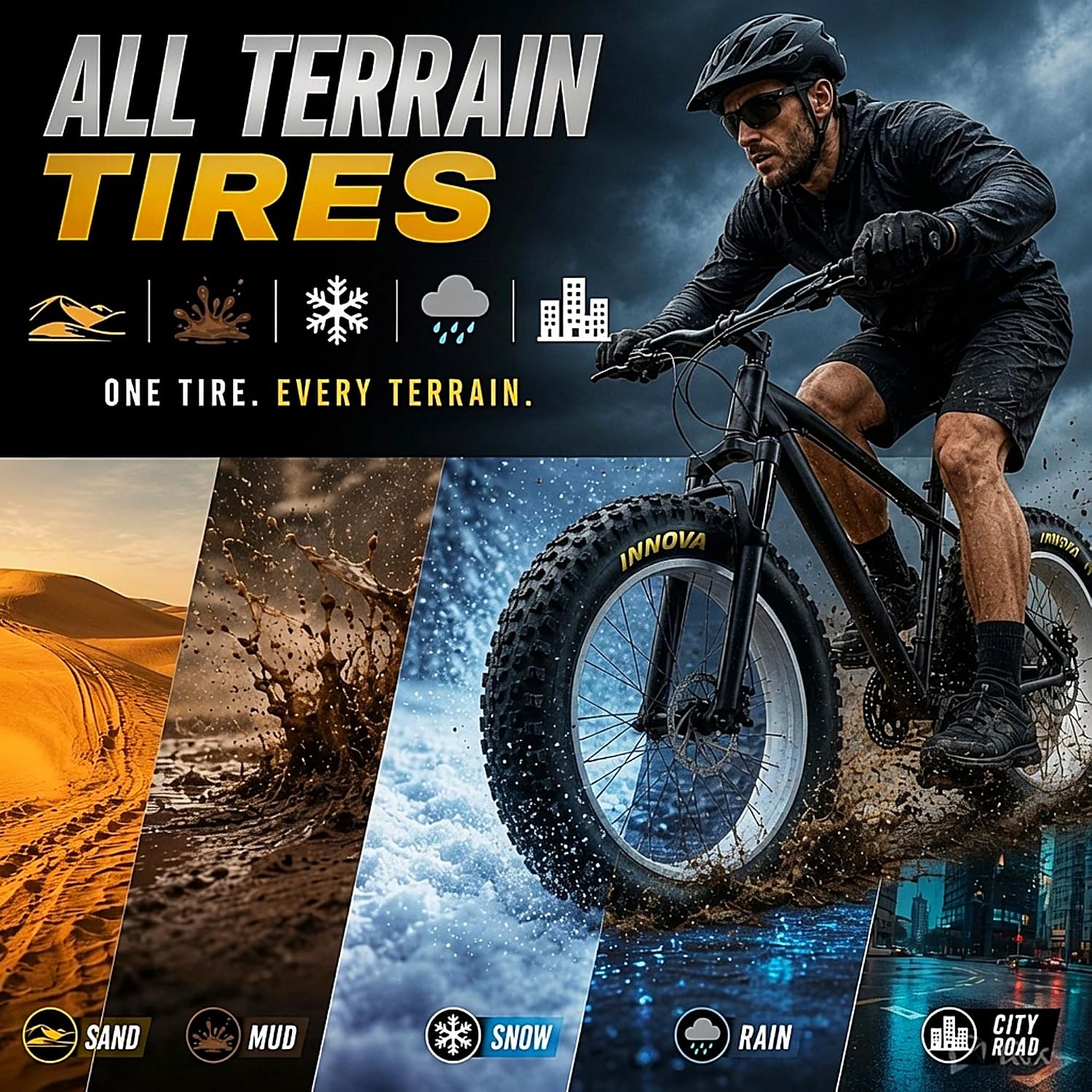 Fat Bike Tire and Inner Tube Set, 20x4 or 26x4 All-Terrain Knobby E-Bike Tires with Schrader Valve Tubes, Heavy Duty Replacement Mountain, Snow, Beach and Off-Road