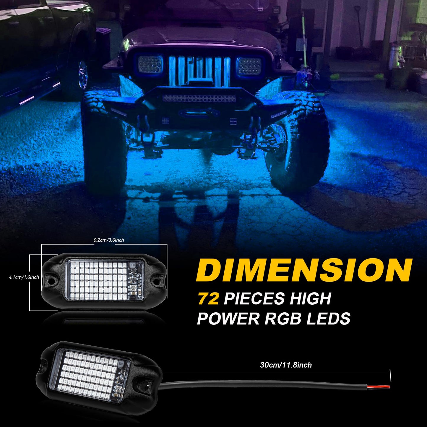 Nicoko 4Pods Pure White 72W High Power Rock Lights - Super Bright LED Underglow for Offroad Vehicles