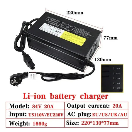Smart Aluminum Li-ion Battery Charger - 48V 60V 72V (54.6V/67.2V/84V) 5A-20A High Current image showing detailed specifications.