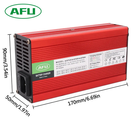 AFU 84V 5A Smart Lithium Charger for 72V/74V 20S Li-ion & Lipo Battery, red casing with specifications.