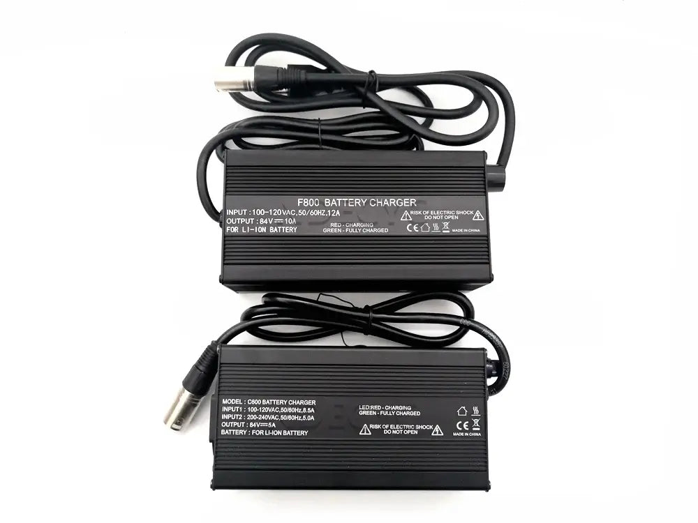 84V 5A/10A Smart Lithium Charger for 72V Li-ion Battery XLR Plug Connector with power cables and specifications.