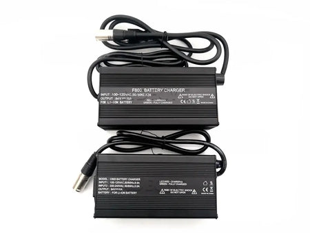 84V 5A/10A Smart Lithium Charger for 72V Li-ion Battery XLR Plug Connector with power cables and specifications.