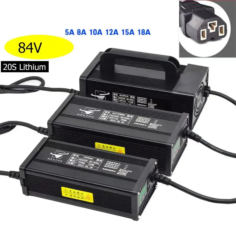 84V Li-ion Smart Charger with HD LCD Display Adjustable 5A-18A for 20S Battery with two battery chargers connected.