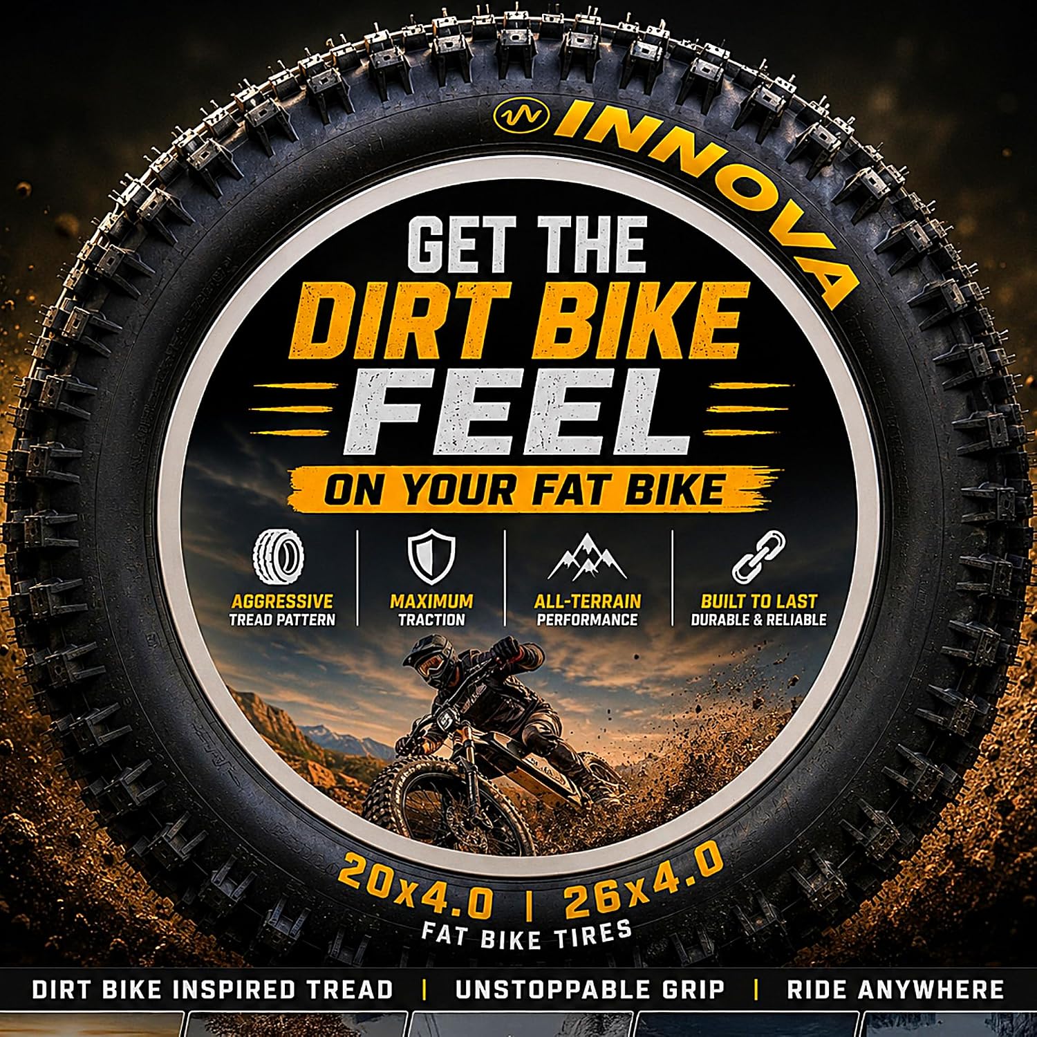 Fat Bike Tire and Inner Tube Set, 20x4 or 26x4 All-Terrain Knobby E-Bike Tires with Schrader Valve Tubes, Heavy Duty Replacement Mountain, Snow, Beach and Off-Road