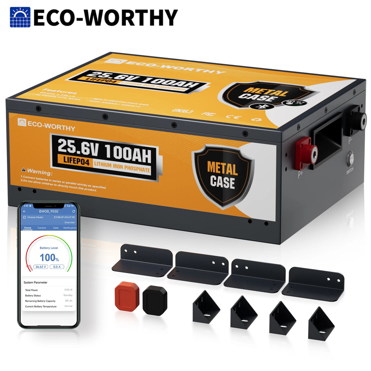 ECO-WORTHY 24V 100Ah Metal Case LiFePO4 Lithium Battery Front Hero View