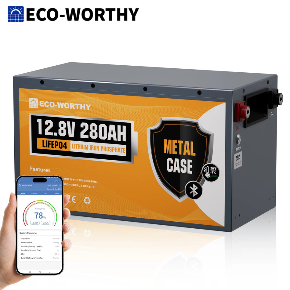 ECO-WORTHY 12V 280Ah LiFePO4 Battery, 3584Wh, Bluetooth, 200A BMS for RV & Camper