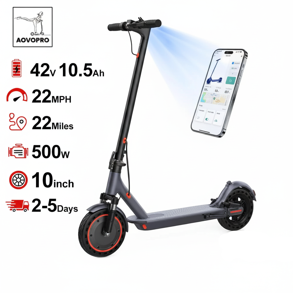 AOVO PRO TMAX electric scooter parked on a city sidewalk showing its 10-inch anti-skid tires