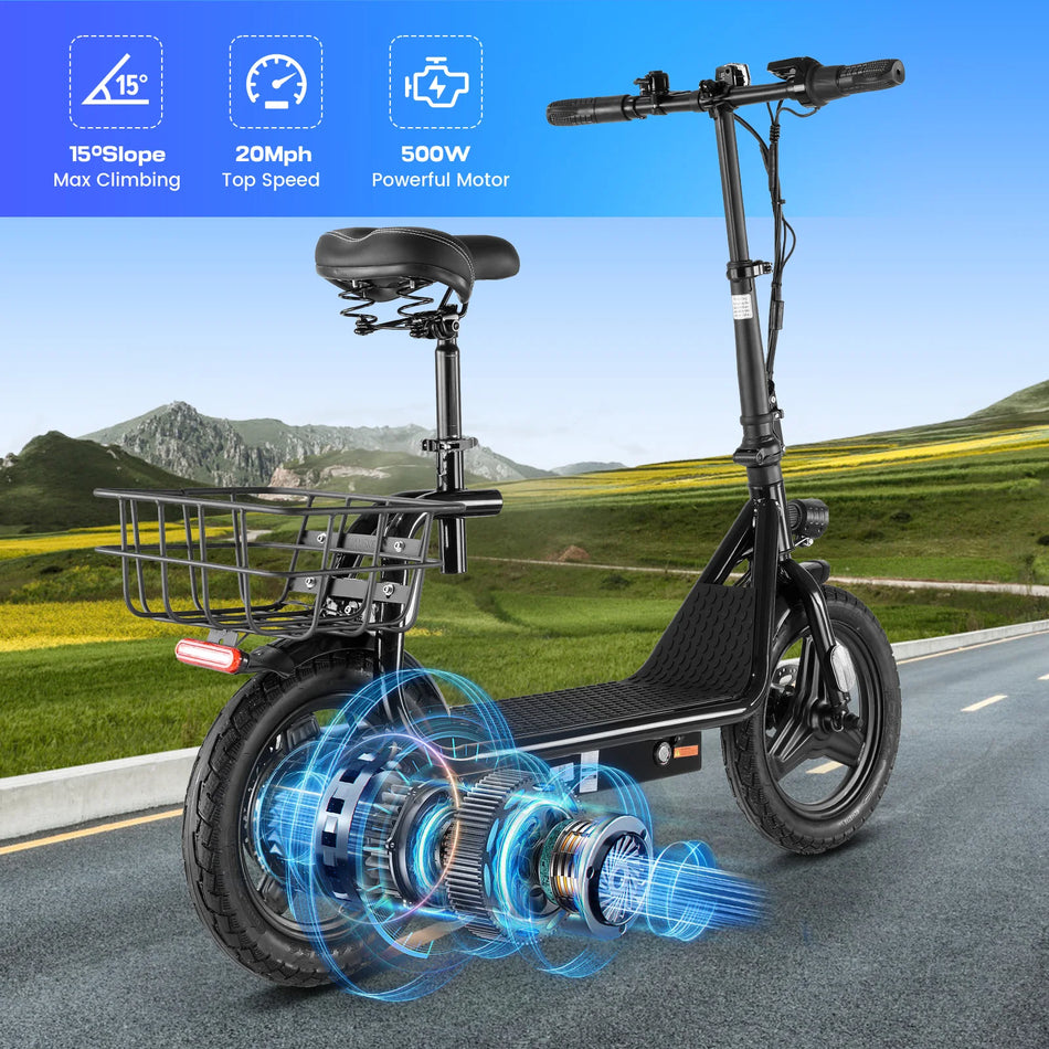 500W Electric Scooter with Seat, Peak 750W, 375Wh, 7800mAh Battery, 25Mi Range, 20MPH, 14" Tire, Shock, Dual Disc Brake