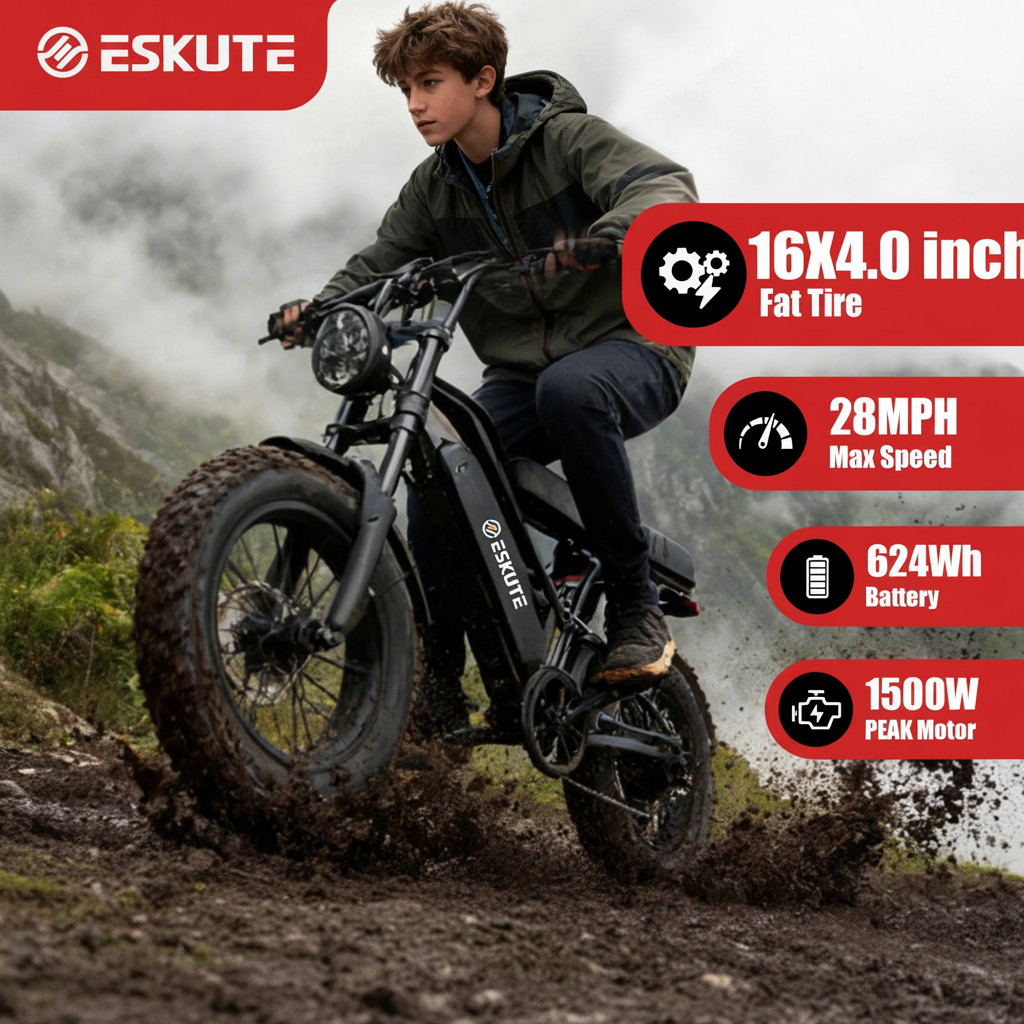 Action shot of a rider cruising off-road on the Eskute V100.