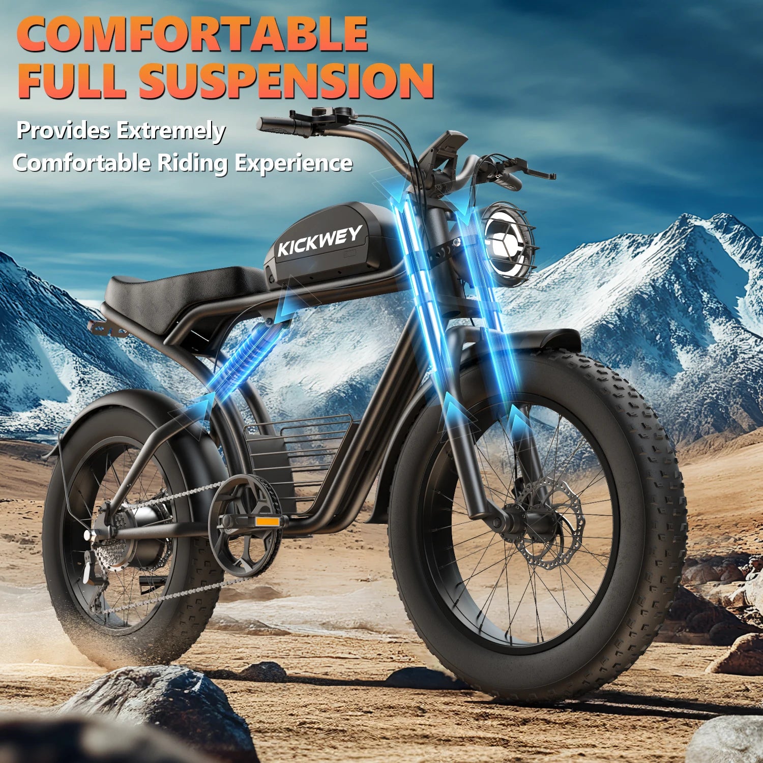 Action shot of a rider cruising through sand or snow on the KICKWEY K7.