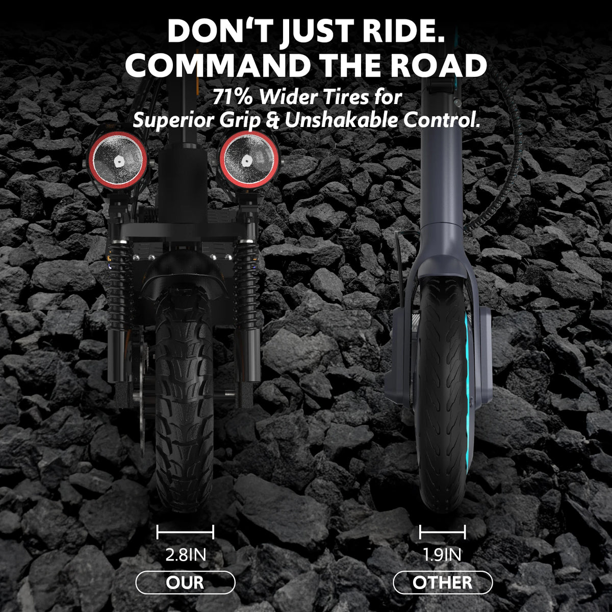 Action shot of a rider speeding down a dirt trail with the scooter's suspension engaged