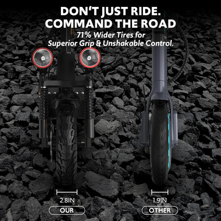 Action shot of a rider speeding down a dirt trail with the scooter's suspension engaged