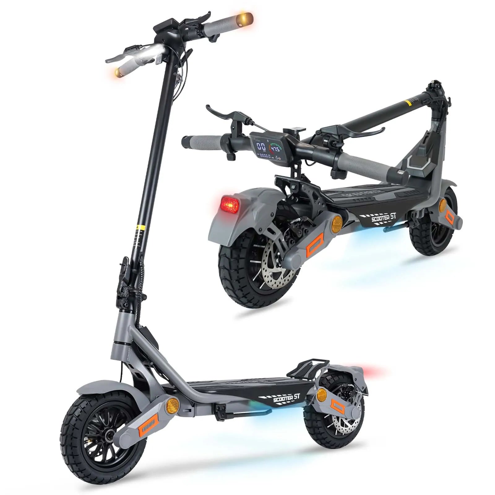 Action shot of the scooter tackling a bumpy dirt path with the off-road suspension in motion