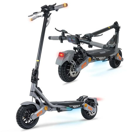 Action shot of the scooter tackling a bumpy dirt path with the off-road suspension in motion