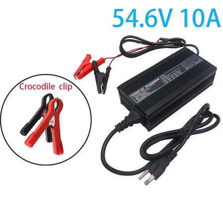 54.6V 10A Smart Lithium Battery Charger for 48V 13S Li-ion (10Ah-40Ah) Aluminum Case & Cooling Fan with clips