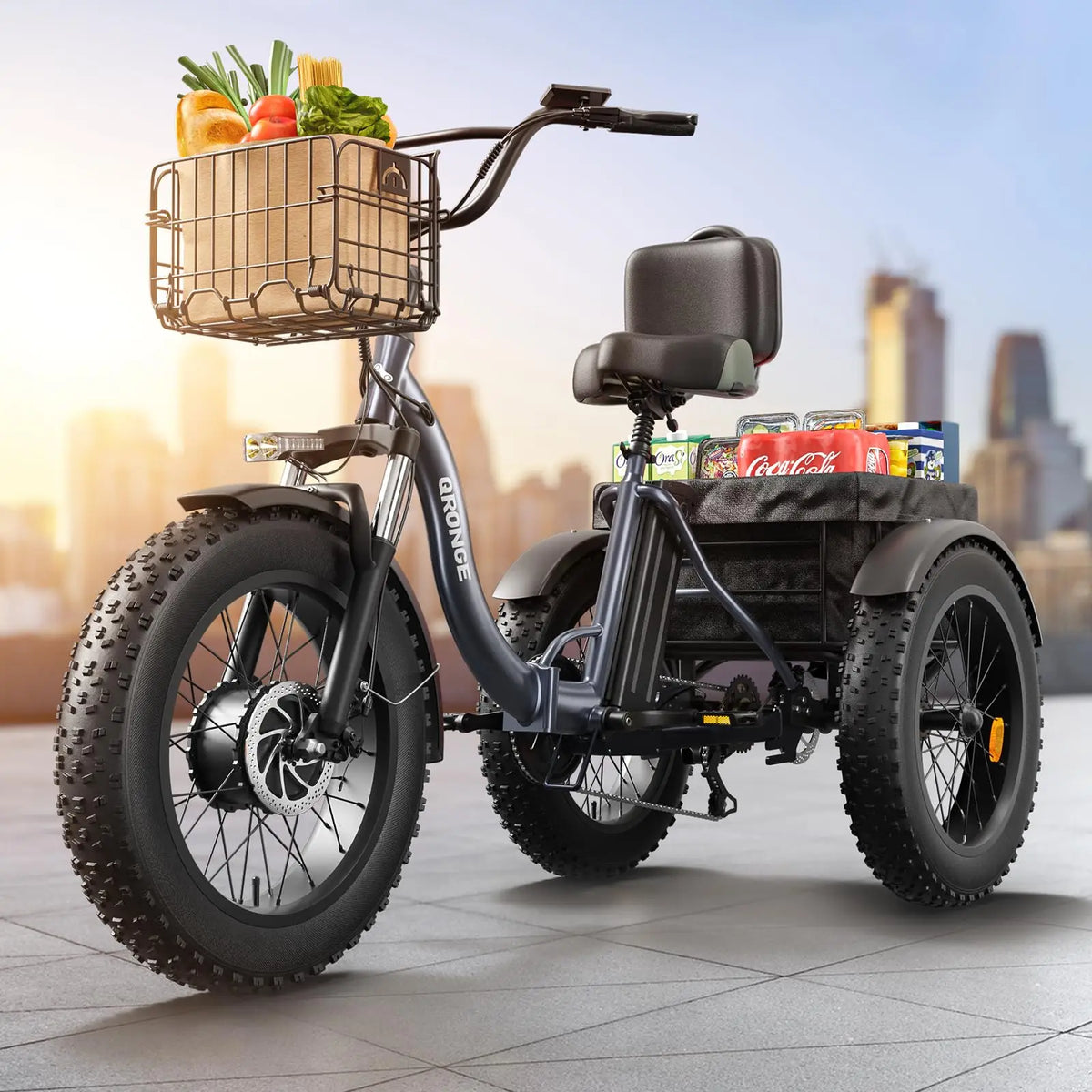 Bright front LED headlight on the QRONGE tricycle. grey