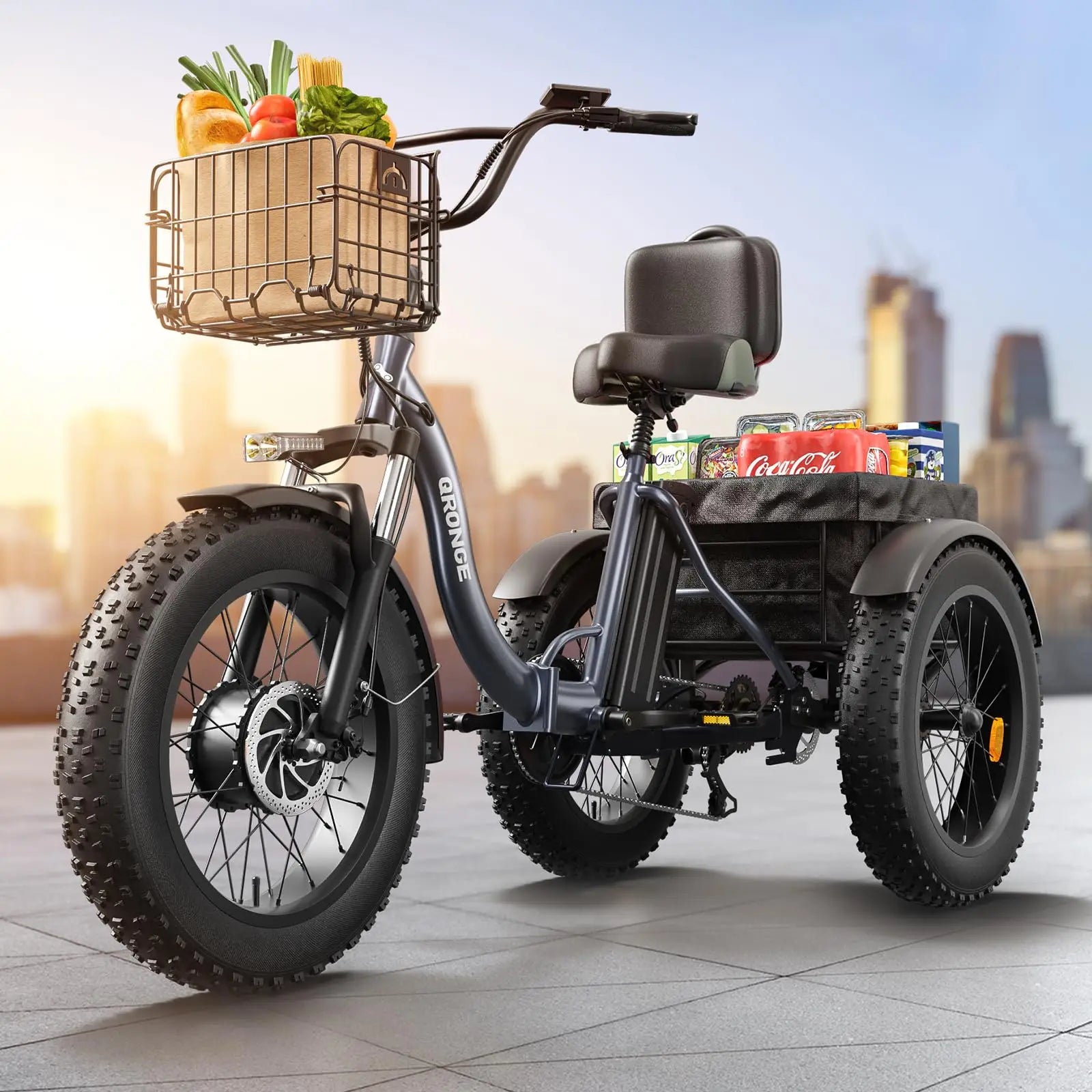 Bright front LED headlight on the QRONGE tricycle. grey