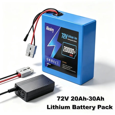 Aleaviy 72V 20Ah 30Ah lithium e-bike battery pack with 84V 5A charger studio view
