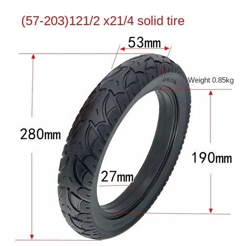 Angled view of shock-absorbing UGNE solid tire 57-203 12 1 2x2 1 4