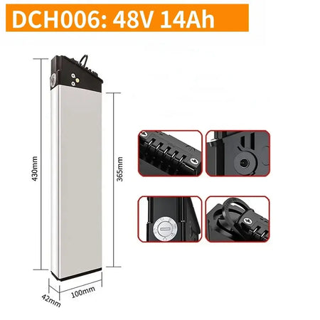 DCH-003/006/009 E-Bike Battery 36V 48V 52V (10Ah-17Ah) 350W-1000W with dimensions and charging details