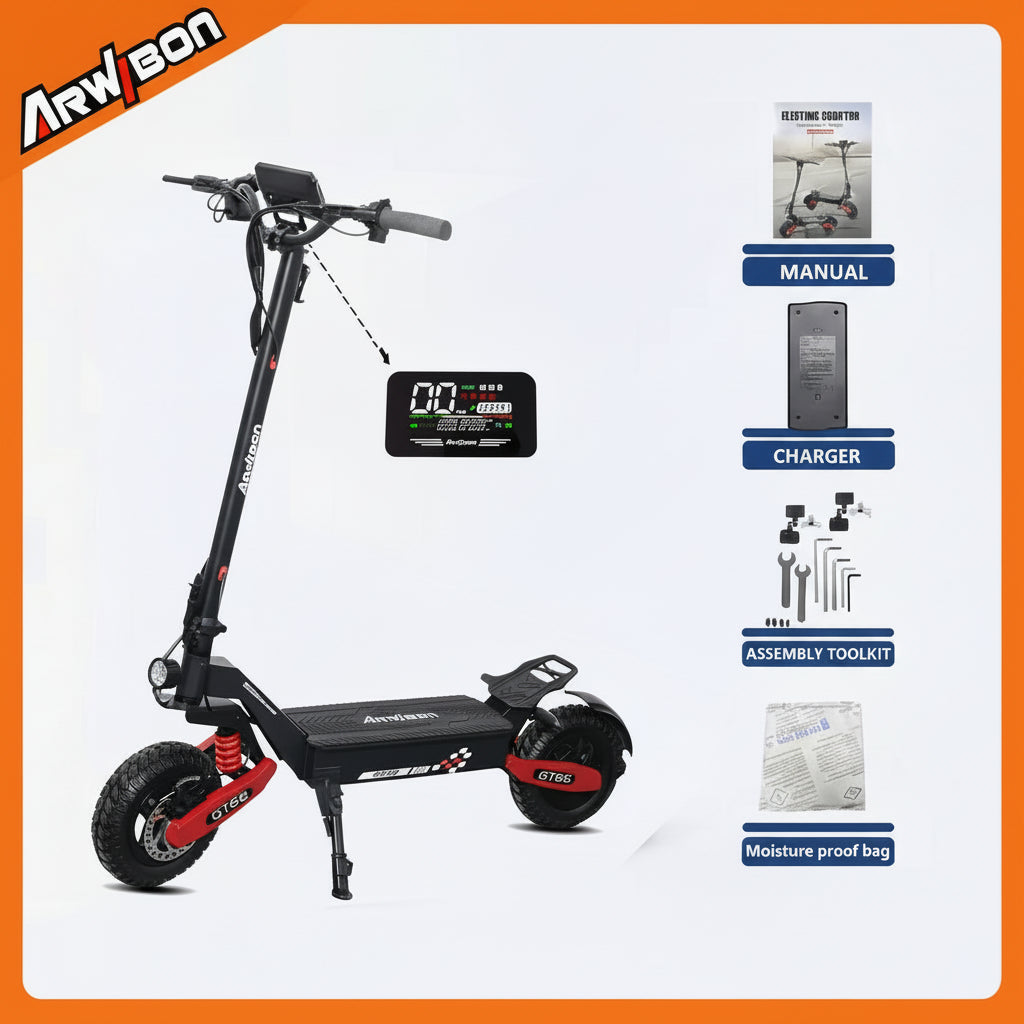 Arwibon 1200W electric scooter for adults parked outdoors showing 11-inch off-road tires