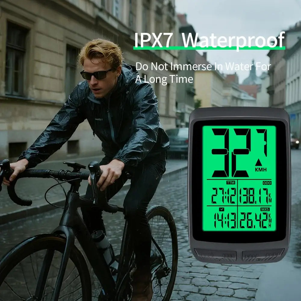 BKV-1503 cycling odometer showing real-time speed and trip distance