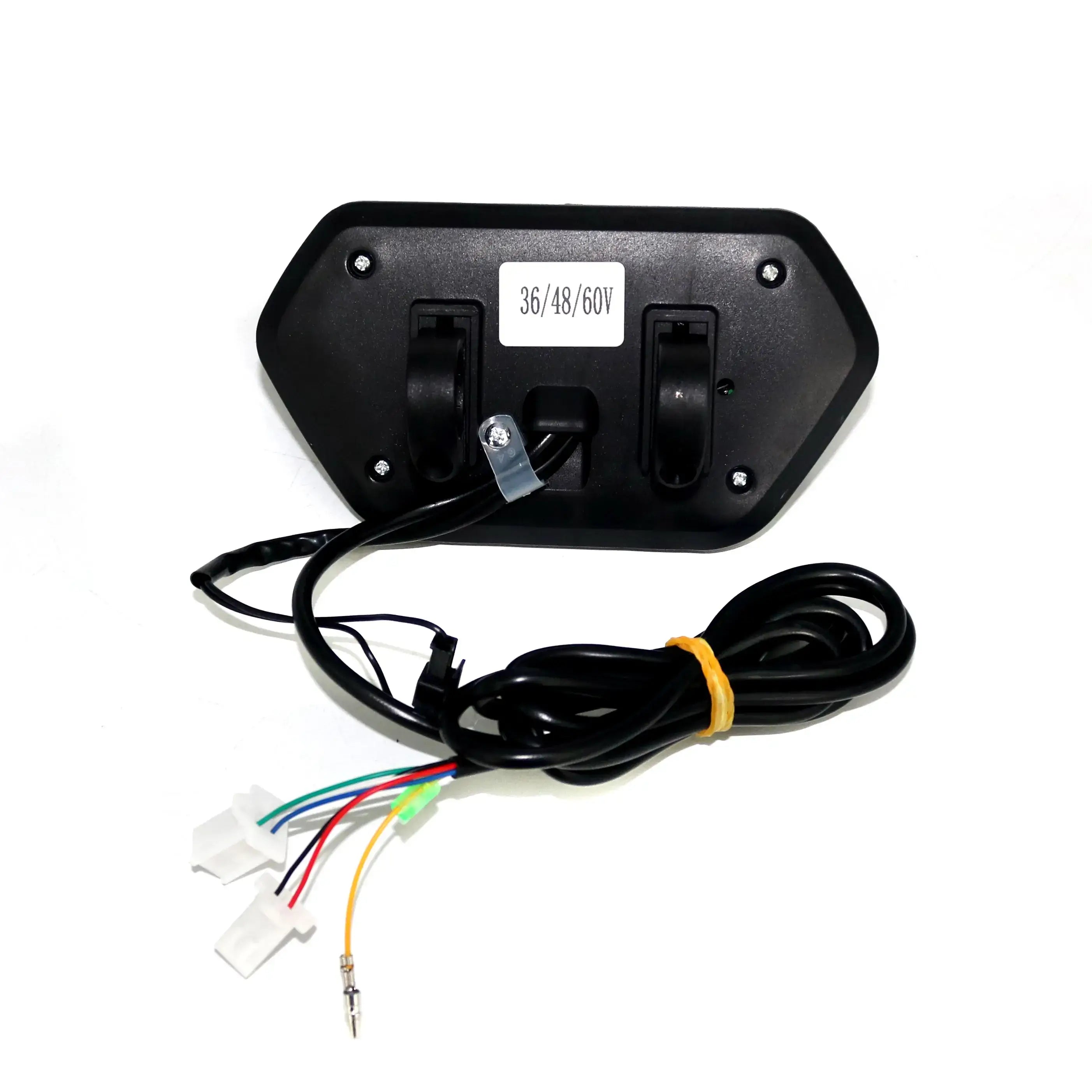 Back view of electric bike LCD meter showing mounting bracket and wiring