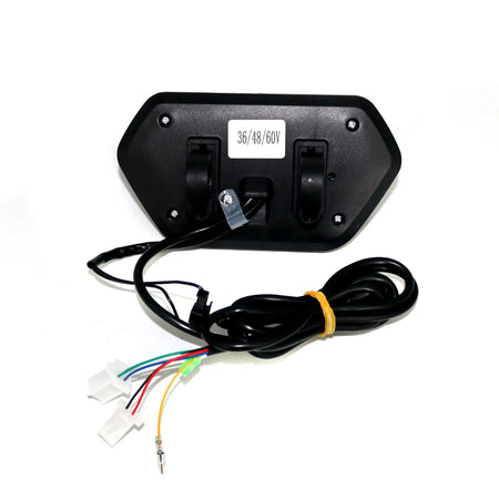 Back view of electric bike LCD meter showing mounting bracket and wiring