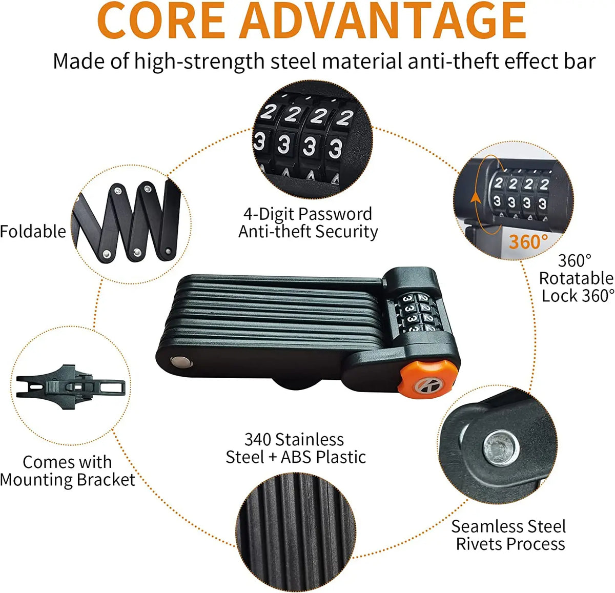   Folding Bike Lock - Heavy Duty Anti Theft Lock for Bicycles, Scooters, and Motorcycles