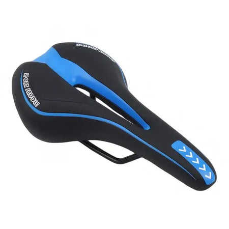 Black and blue bicycle saddle on a white background