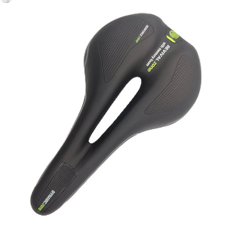 Black bicycle saddle with brand logos on a white background