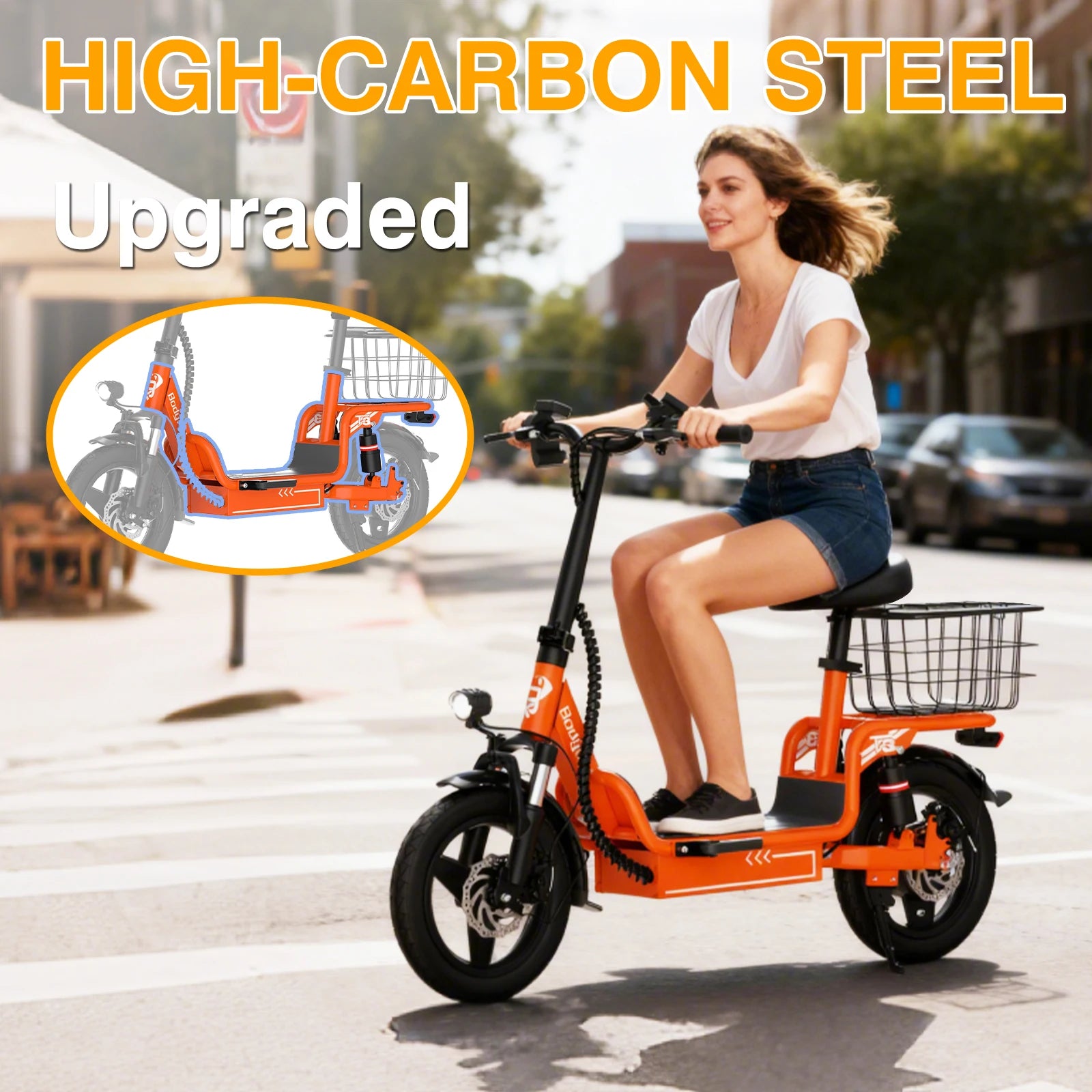 Bodywel T3 electric scooter with seat parked in an urban environment for shopping and daily commuting needs.