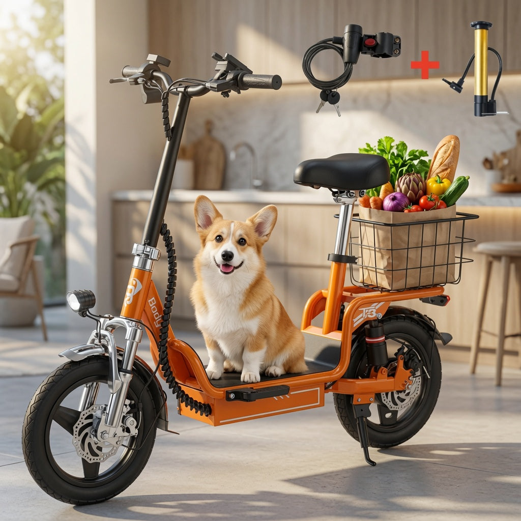 Bodywel T3 folding electric scooter for adults featuring a comfortable seat and 14-inch wheels on a city street.