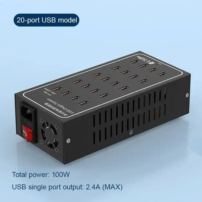 Multi-Port USB Desktop Station - 10/20/30/40/50/60 Port High Wattage Smart Charger with 20 ports and 100W total power.