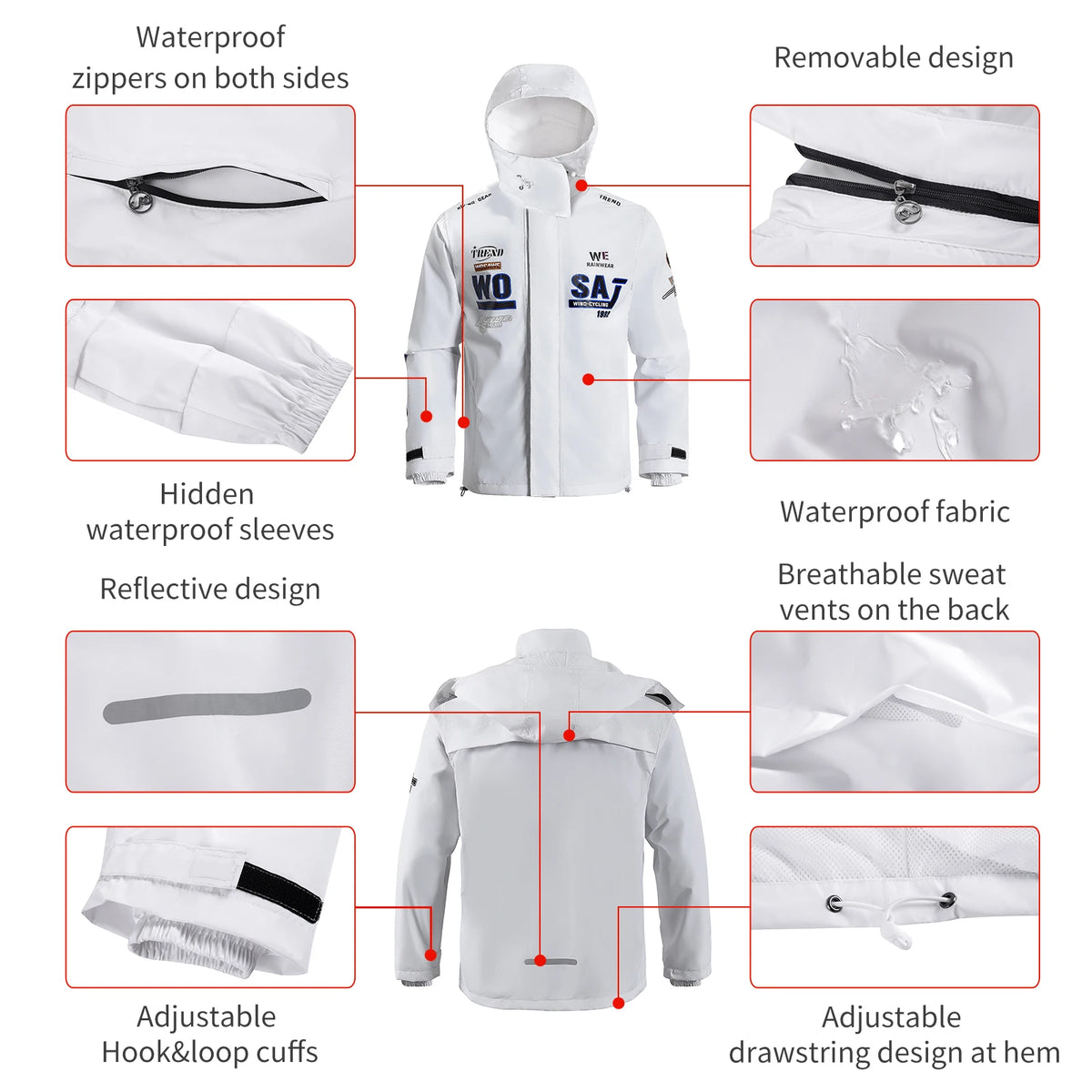 Close-up of 100% waterproof premium fabric on WOSAWE riding gear showing water resistance.