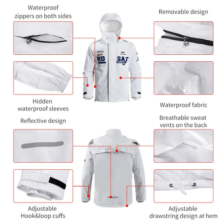 Close-up of 100% waterproof premium fabric on WOSAWE riding gear showing water resistance.