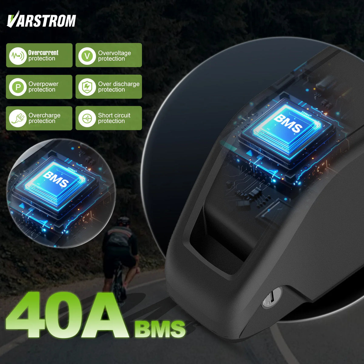 Close-up of 40A BMS discharge port and power switch on Varstrom battery