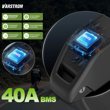 Close-up of 40A BMS discharge port and power switch on Varstrom battery