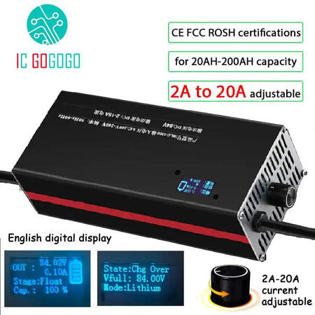 Adjustable 20A Fast Battery Charger 36V-72V Multi-Voltage Support for Li-ion & LiFePO4 (10S-24S) with CE FCC ROSH certifications