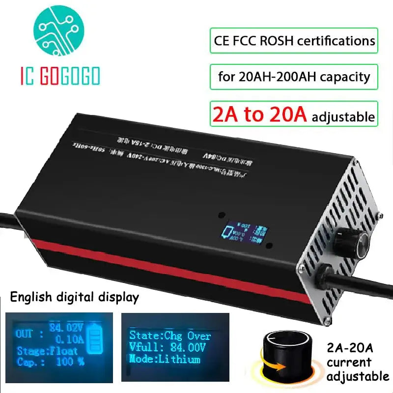 Adjustable 20A Fast Battery Charger 36V-72V Multi-Voltage Support for Li-ion & LiFePO4 (10S-24S) with CE FCC ROSH certifications