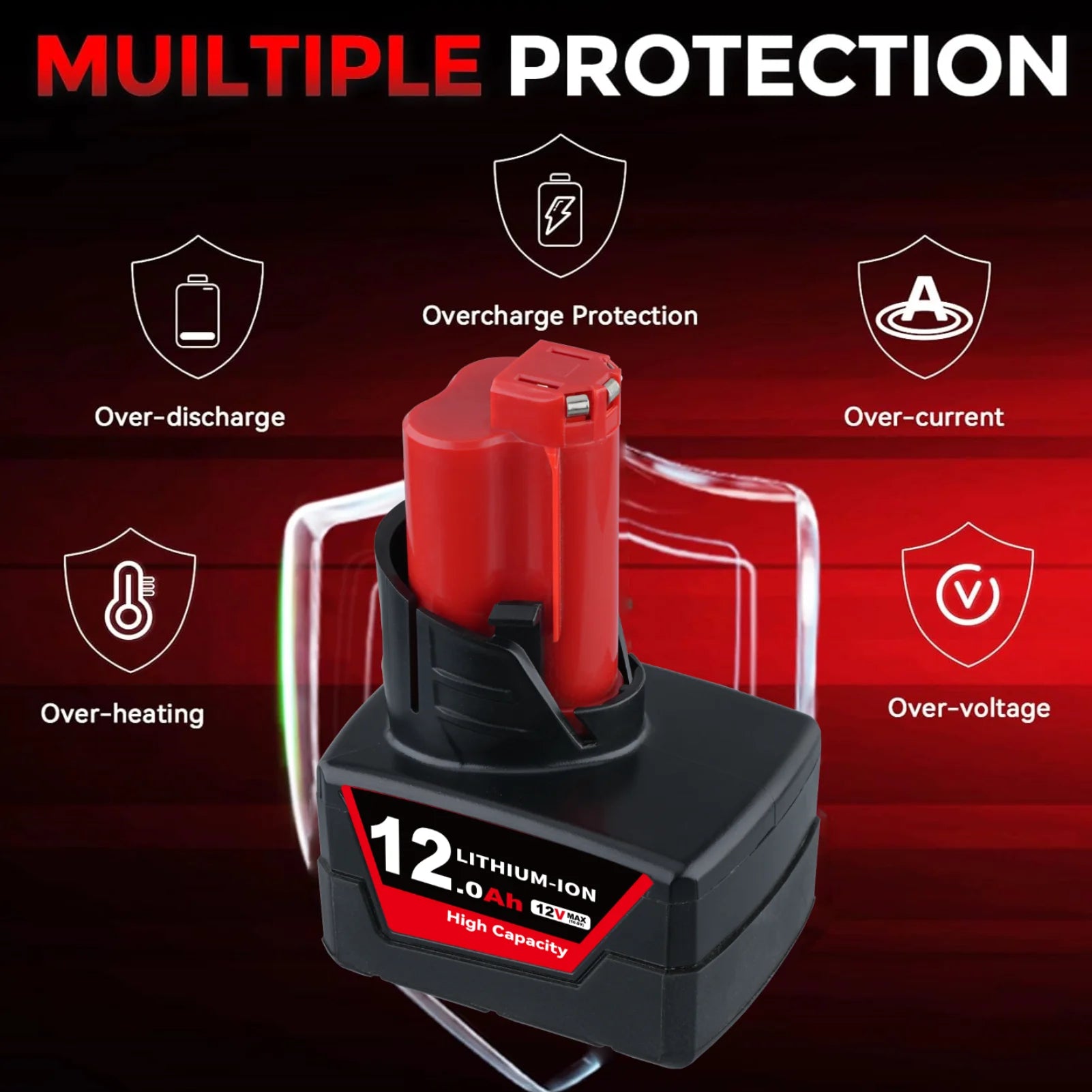 Close-up of VANON M12 battery terminal and compatibility labels