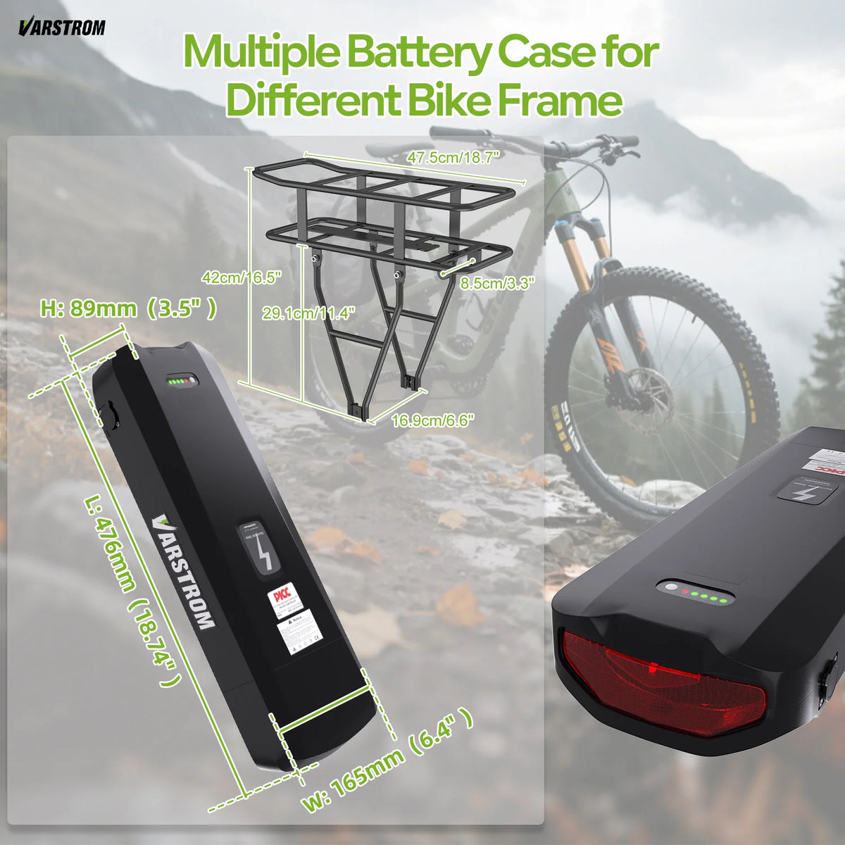 Close-up of Varstrom 36V/48V e-bike rear rack battery switch and charging port