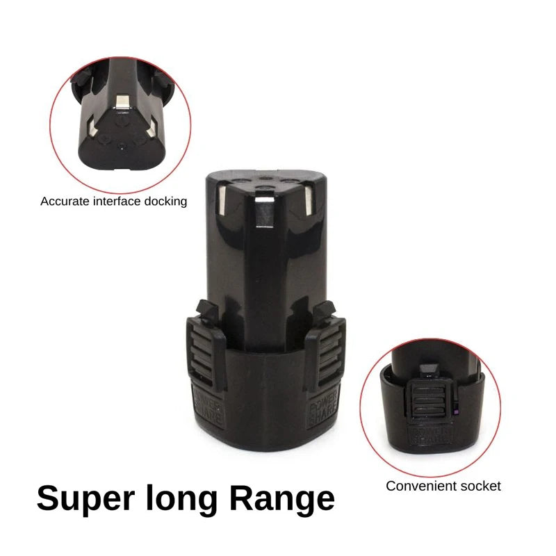 Close-up of connection terminals and durable casing on a 12V power tool battery