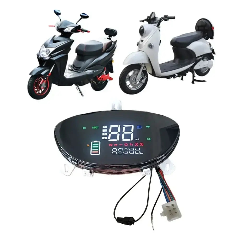 Close-up of digital odometer and battery indicator on a universal EV display