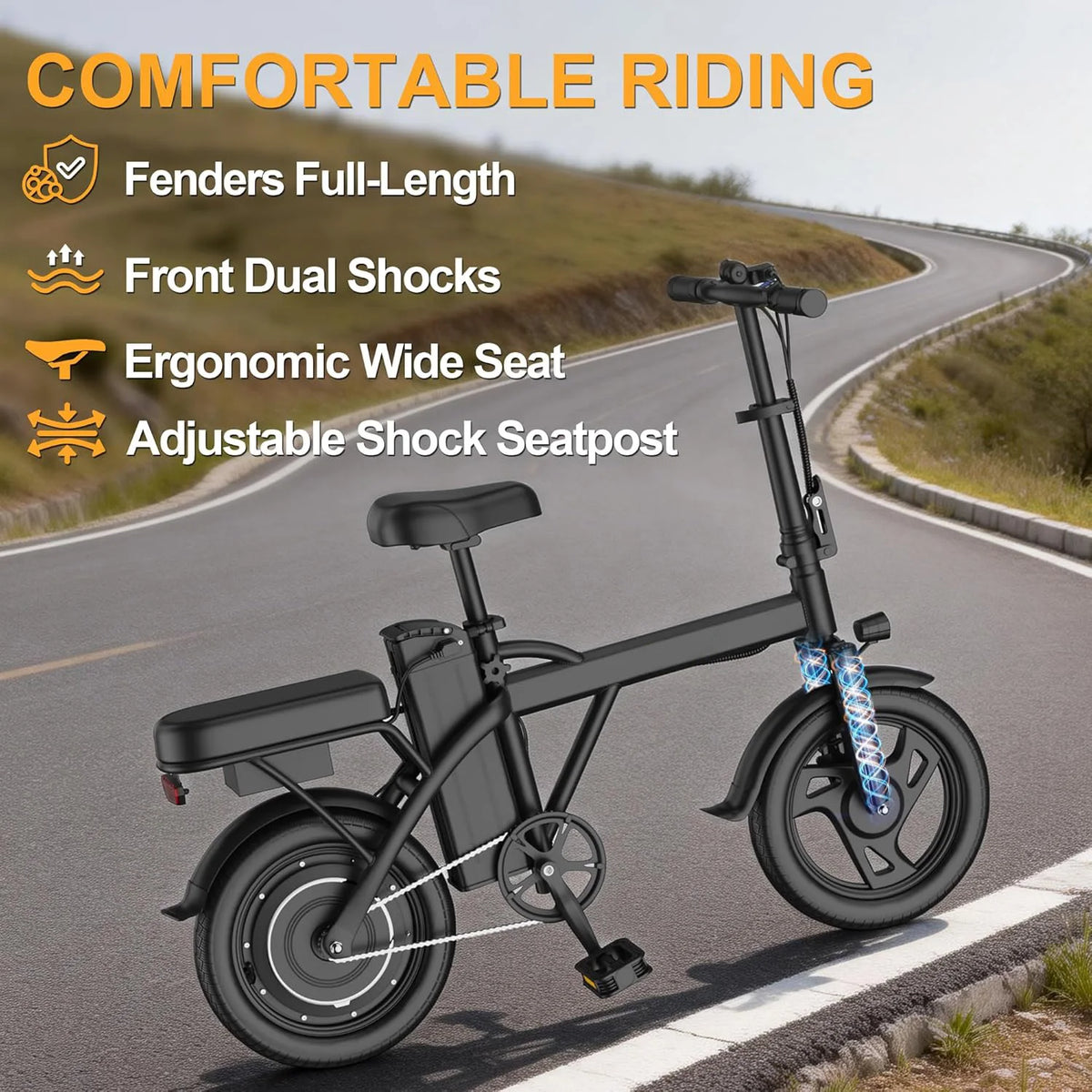 Close-up of dual seats on 48V electric bike