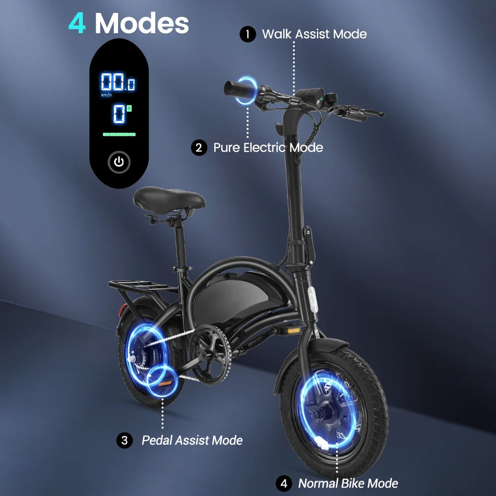 Close-up of handlebars and battery indicator on 36V electric bike